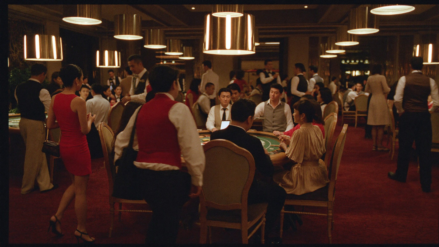 Wide view across a busy casino room of gaming tables and guests